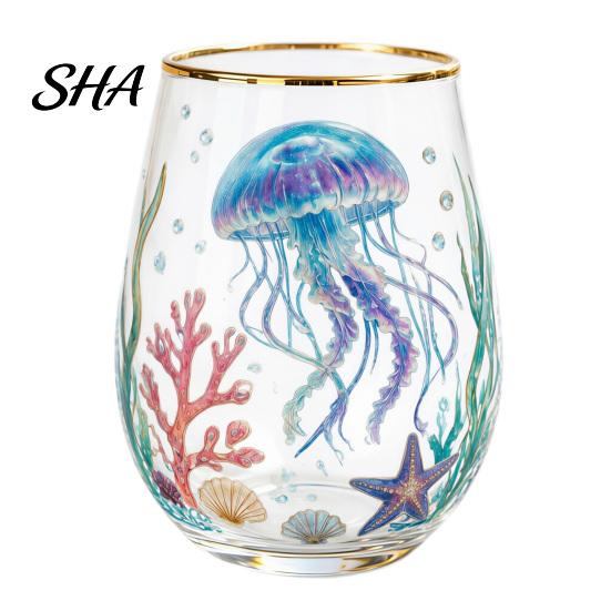 Retro Enamel Style Cup Hand Painted Glass Tumbler, Egg Shaped with Gold Rim, Clear Lead-Free Floral Bird Design Mug for Tea Coffee Wine Juice Cold Hot