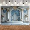 Retro Palace Arches Columns Photography Background Blue Curtains Floral Wedding Decoration Bride Portrait Photo Backdrop