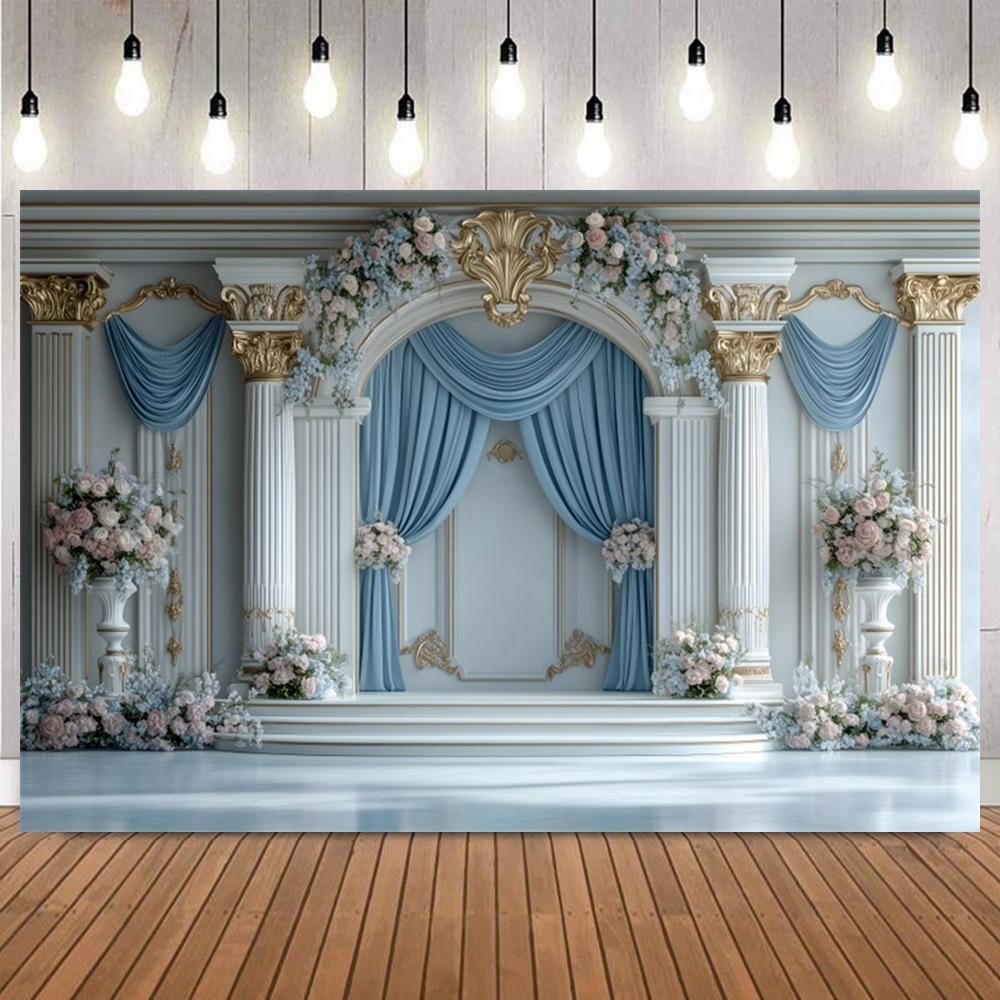 Retro Palace Arches Columns Photography Background Blue Curtains Floral Wedding Decoration Bride Portrait Photo Backdrop