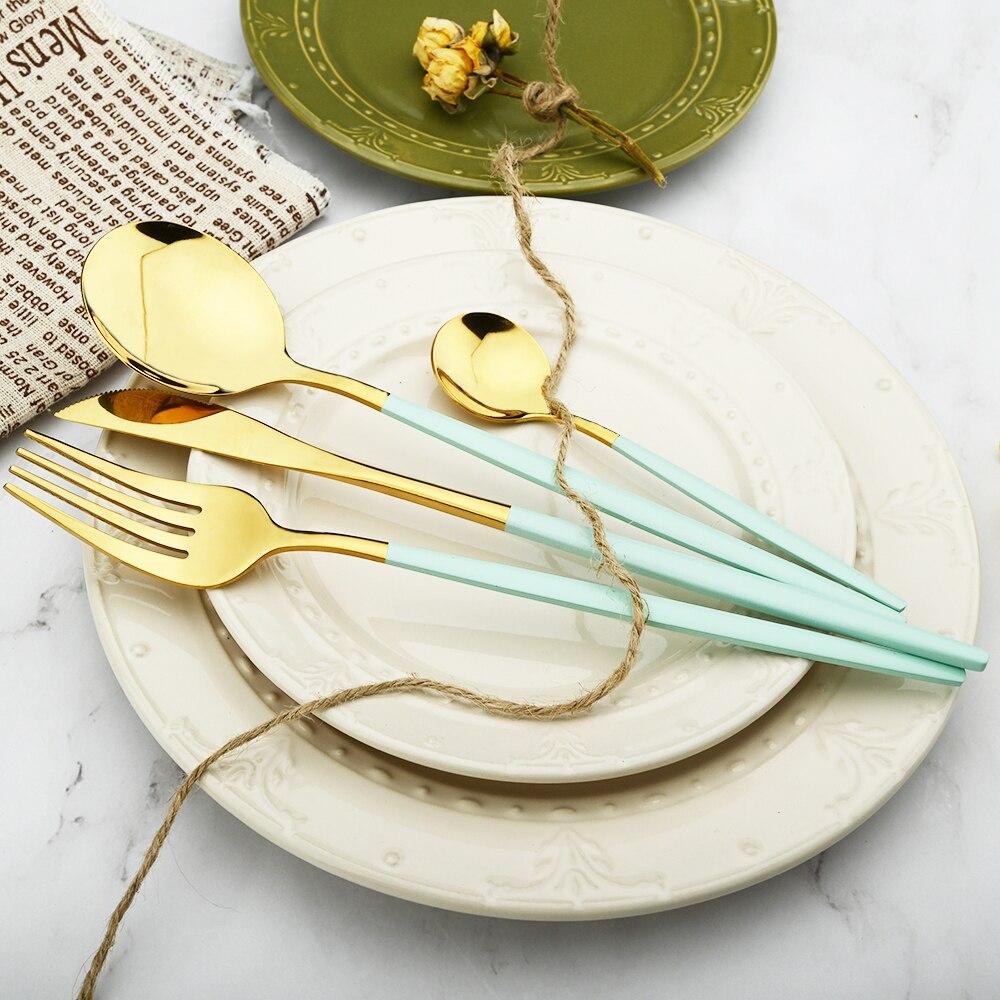 Мятно-зеленый, золотой набор столовой посуды, набор столовых приборов для кемпинга, нож, вилка, ложка с портативной серой сумкой, набор посуды из нержавеющей стали