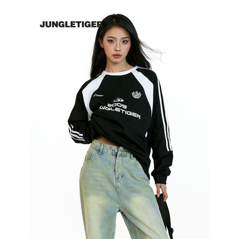 Jungle Tiger Logo Thick Screen-Printed Long-Sleeve T-Shirt for Men and Women, Three-Stripe Retro Sports Color-Block Base Shirt Top