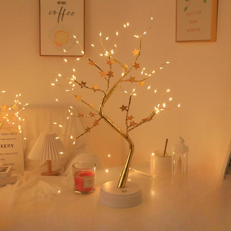 Светодиодная медная проволока в форме дерева, жемчужное дерево, украшение для спальни, небольшой ночник, гостиная, небольшие украшения