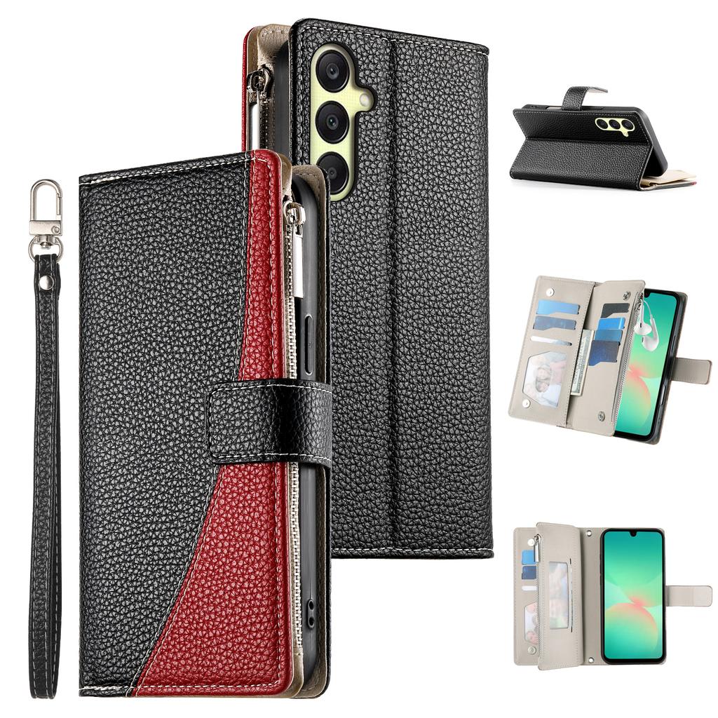 For Samsung Galaxy A17 5G Case Zipper Wallet Color Splicing Leather Flip Phone Cover with Straps