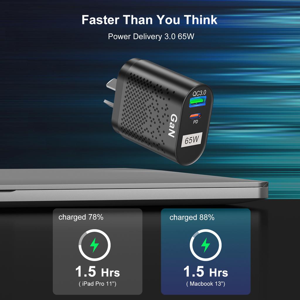 AU EU US UK Plug 65W GaN Charger Tablet Laptop Fast Charger USB Type C Quick Charger Mobile Phone Charger For iPhone POCO