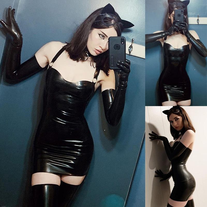 New Gothic Leather Cat Outfit Sexy Short Skirt Leather Skirt Girl Tube Top Strap Tight Dress Suit Club Party Costume
