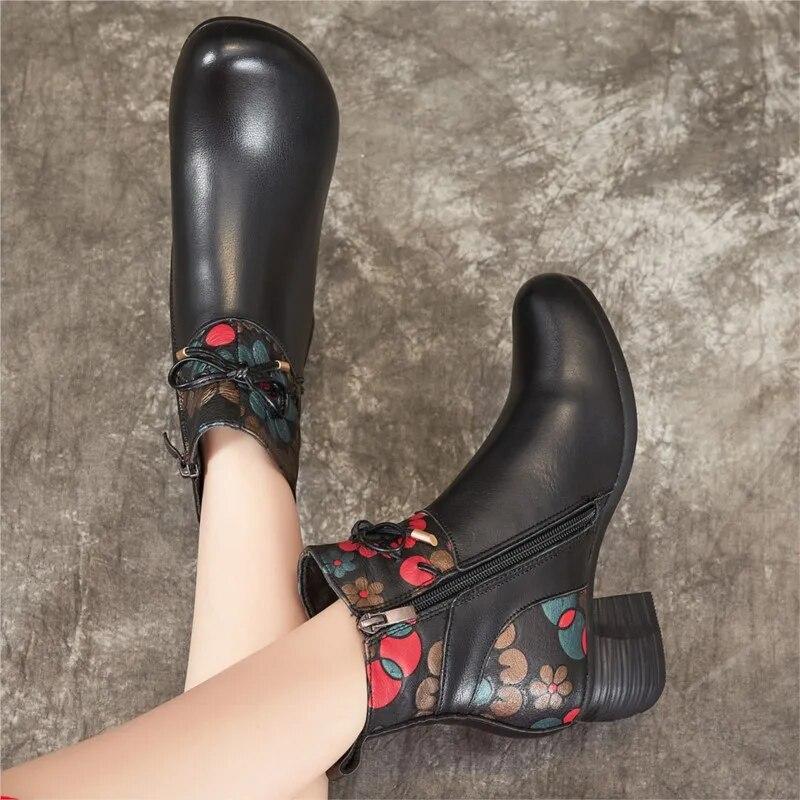 Johnature Зимние теплые короткие сапоги, непромокаемая женская обувь из натуральной кожи в этническом стиле на толстом каблуке и мягкой подошве