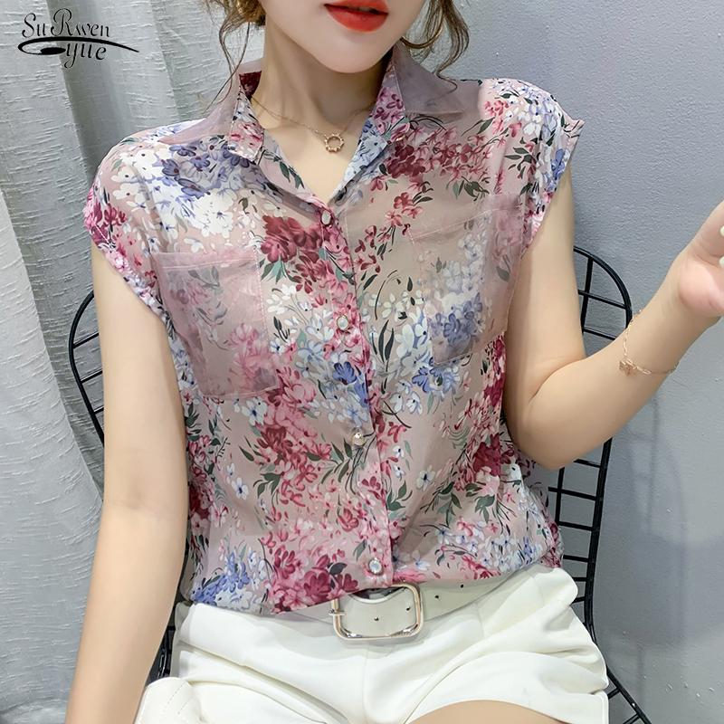 2020 Summer Floral Chiffon Women Shirts Casual Sleeveless Print Blouse Women Plus Size Cardigan