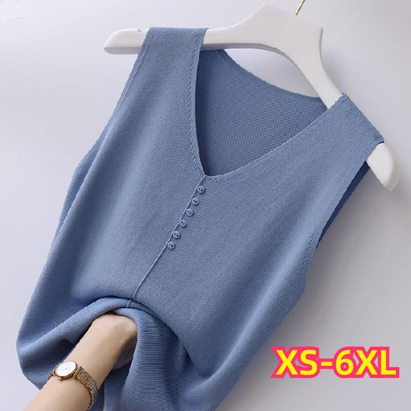 V-образный вырез Ice Silk Sling Knitted Vest Женская свободная трикотажная рубашка без рукавов с верхом 6XL