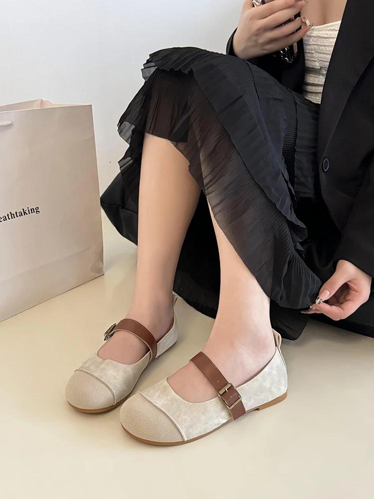 Модные женские туфли-лоферы из замши и кожи, женская обувь в стиле ретро с мягкой подошвой, удобные балетки в корейском стиле с круглым носком, повседневная обувь