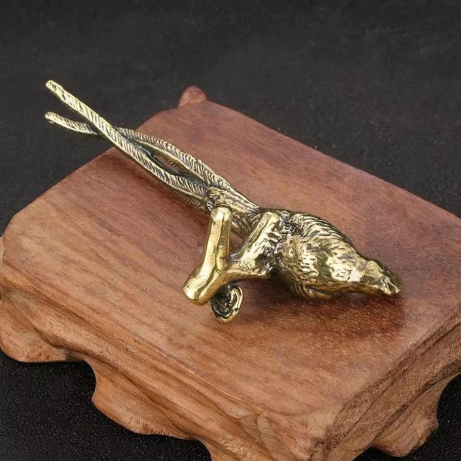 Antique Bronze Crafts Collection Making Old Solid Brass Long Tailed Pheasant Copper Ornaments Desks Tea Pets Brass Decorations