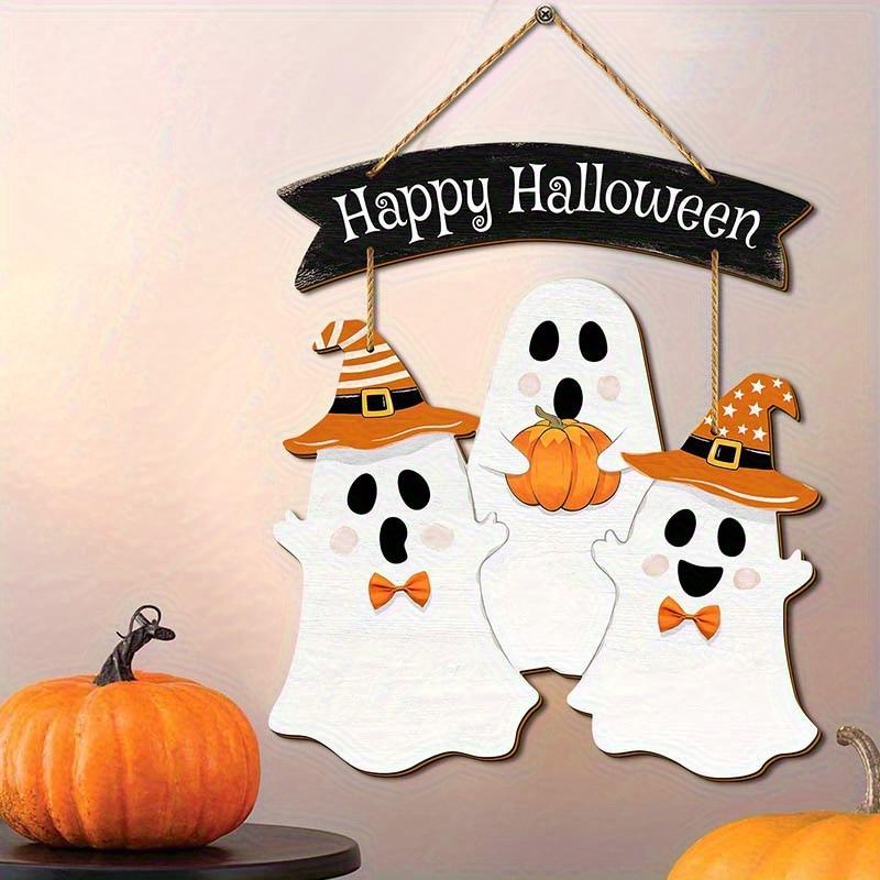 1set New Halloween Decorative 2D Wooden Sign with Pumpkin and Ghost Creative Design for Door Hanging Ghost Festival Decoration