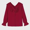 Wine Red V-Neck Chiffon Shirt: Stylish Ruffled Design, Slimming, Long-Sleeved, Ideal for Spring & Autumn.