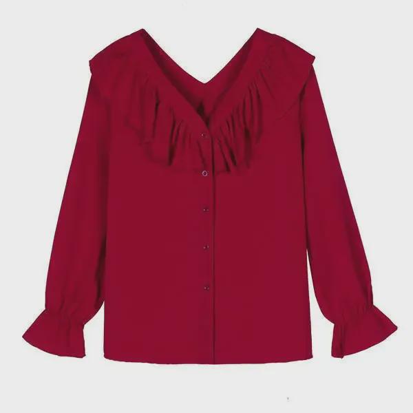 Wine Red V-Neck Chiffon Shirt: Stylish Ruffled Design, Slimming, Long-Sleeved, Ideal for Spring & Autumn.