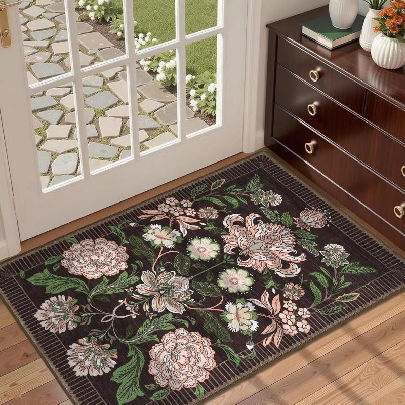 VIKAMA Dark Base Vintage Red Floral Area Rug Non Slip Washable Large Floor Mat for Front Entrance Living Room Farmhouse Home Dec