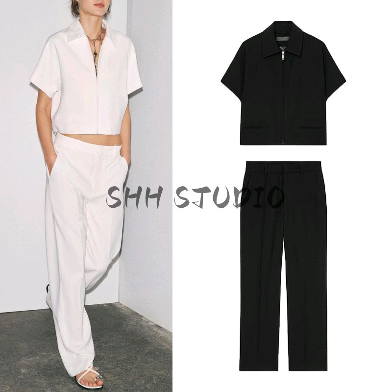 Summer Women Clothes Lapel Short Sleeve Short Outerwear 8491053 Straight Mid-Waist Casual Trousers 8491054