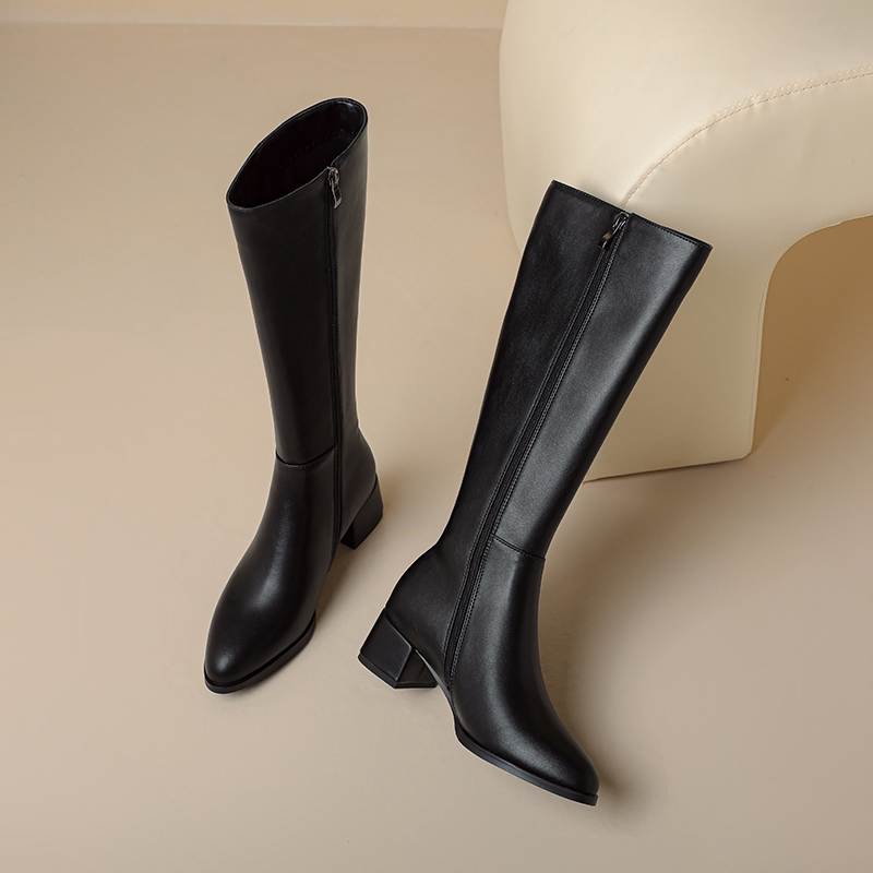 Krazing Pot Осенне-зимняя обувь из коровьей кожи, сапоги для верховой езды, круглый носок, сохраняющие тепло, на молнии, черного цвета, на толстом высоком каблуке, высокие сапоги до бедра