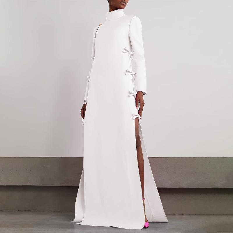 VONDA Женская мода с высоким воротом и длинным рукавом с разрезом, завязанные декоративные платья