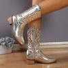 Shoes for Women High Quality Gold Women's Boots Mid-calf Side Zipper Western Cowboy Boots Silver Retro Boots Woman Zapatos