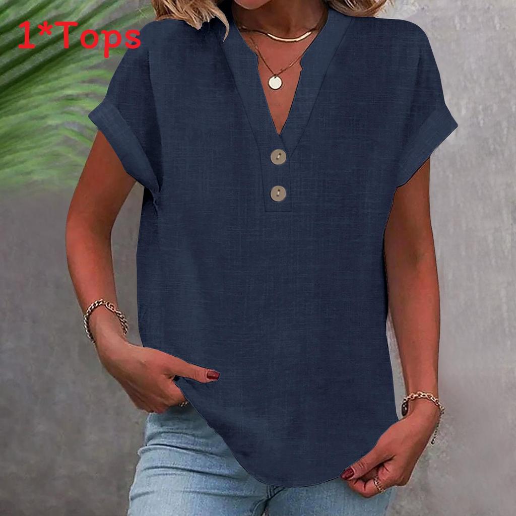 Summer Women Shirt With Stand Collar Short Sleeve Cotton Blended Fabric For Casual Wear