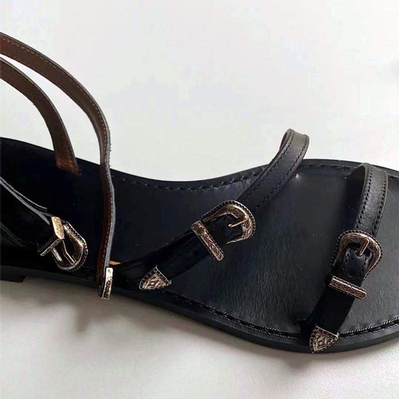 Fashion Fashion Multi Metal Buckle Design Flat Sandals Women Summer Sexy Open Toe Ankle-Wrap Beach Roman Sandals Elegant Dress Shoes