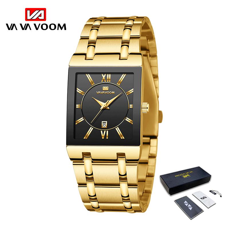 VA VA VOOM Men Watches Fashion Top Brand Luxury White Square Waterproof Quartz Wristwatch Stainless Steel Date Clock Mens Casual Business Watch