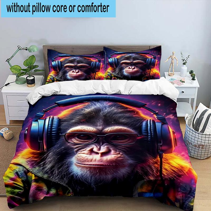 Monkey Music Headphones 3pcs Bedding,Including 1pc Duvet Cover And 2pcs Pillowcases Perfect for Christmas,Ideal for Bedroom, Dormitory