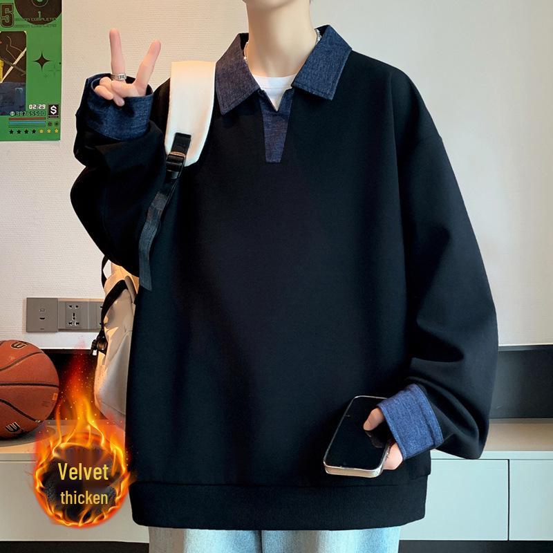 Boy's Plus Velvet Fake Two-Piece Lapel Hoodie for Fall/Winter - Junior High and Big Kids POLO Top