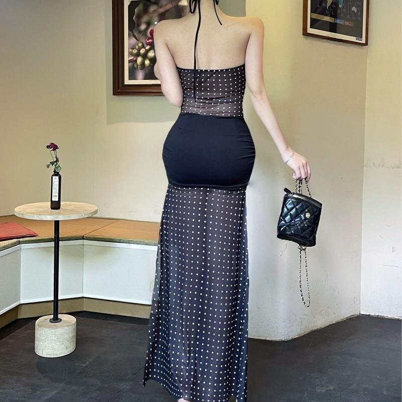 Elegant Sheer Mesh Panelled Spaghetti Strap Maxi Dress High Waist Slim Fit Party Night Out