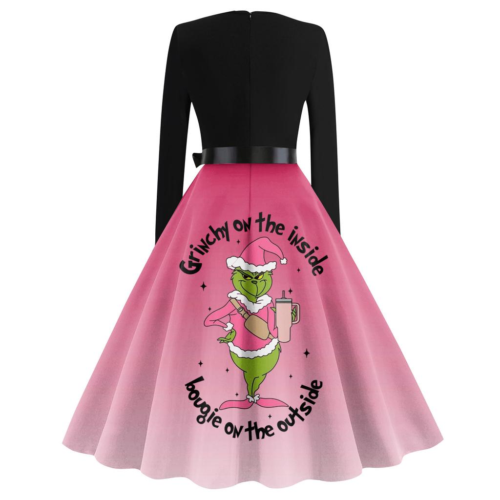 Женское винтажное классическое платье с воротником на талии и галстуком-бабочкой с длинными рукавами и рождественским принтом, с круглым вырезом, свободное платье