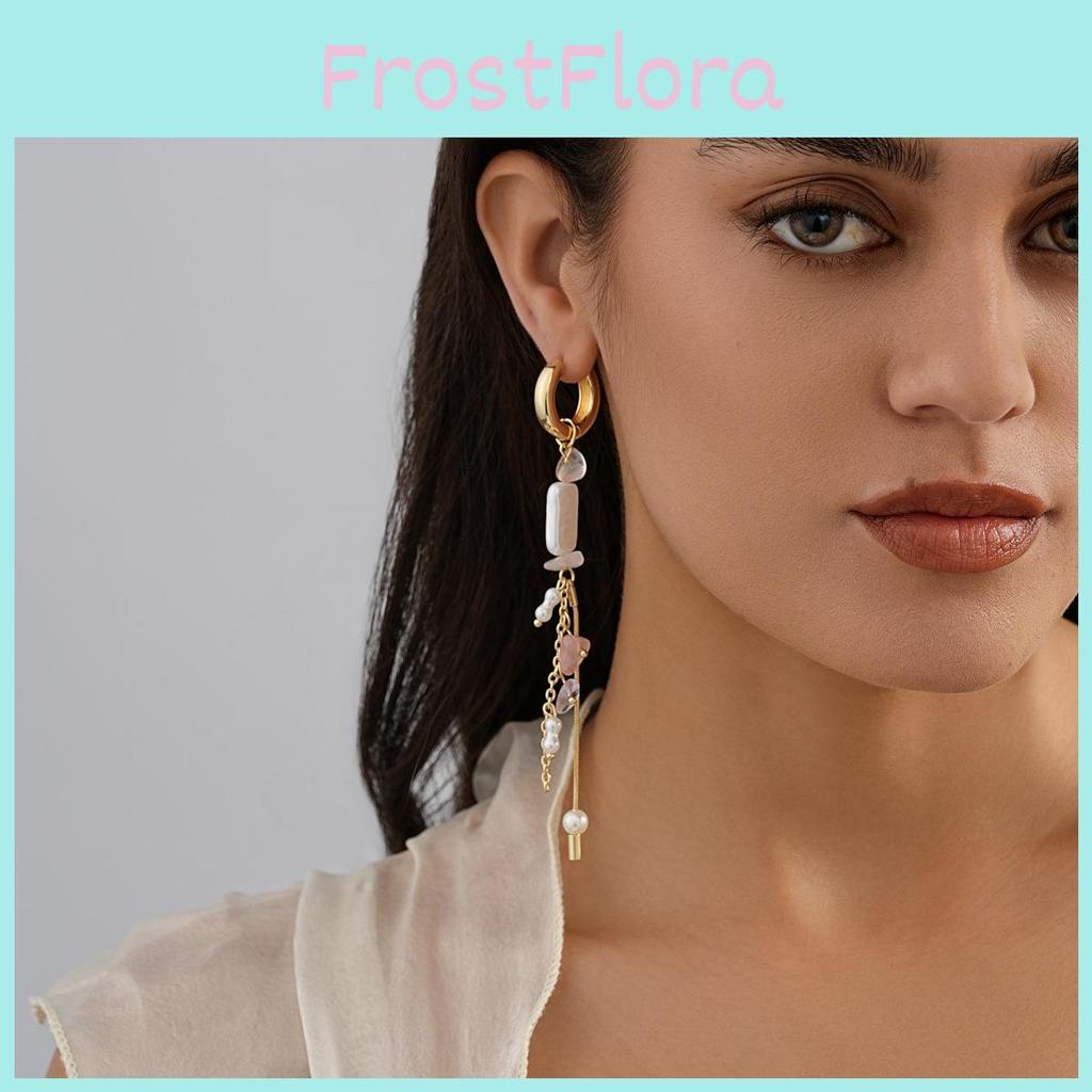 Elegant Natural Stone Asymmetrical Pendant Earrings With Imitation Pearl Fashionable Street Style