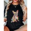 Casual Loose T Shirt Black French Bulldog Floral Print Women Summer Top Streetwear Fashion Graphic Tee