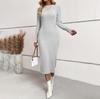 Spring Autumn Women Slim Fit Long Sleeve Elastic Knitted Jacquard Dresses High Waist A-Line O-Neck Long Dress S-XL