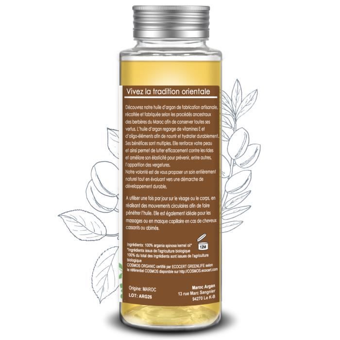 Huile D’Argan BIO du Maroc - Anti-rides et Nourrissante – 100% Pure 100ml - Soin pour Peau Magnifique et Cheveux Sublime