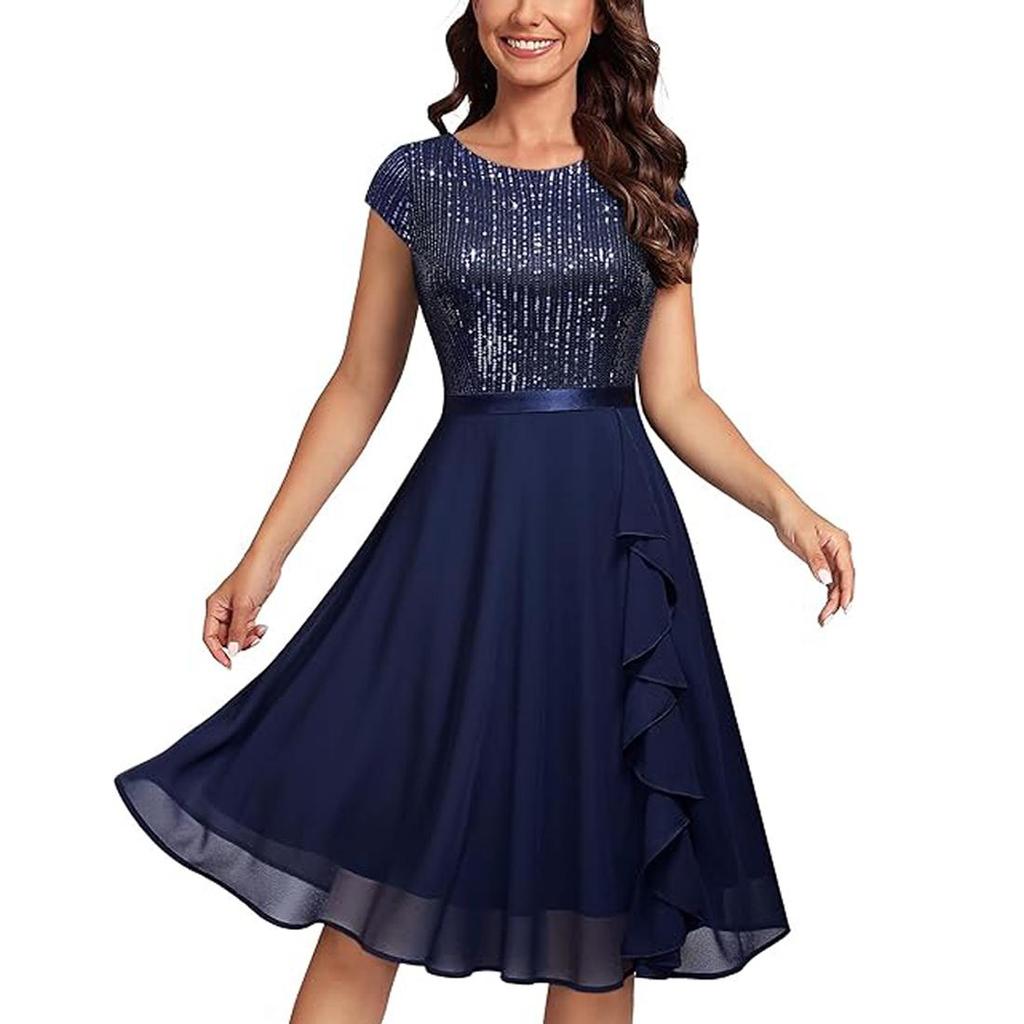 Women's Swing Dresses Sequin Round Neck Short Sleeves A Line Dress Chiffon Skirt Cocktail Party Evening Wedding Guest Outfits Bridesmaid Wear