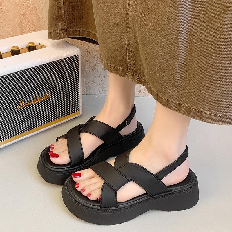 Платформенные босоножки с открытым носком в стиле ретро, женские летние 2025, новые босоножки с пряжкой, корейские, римские, пляжные женские туфли