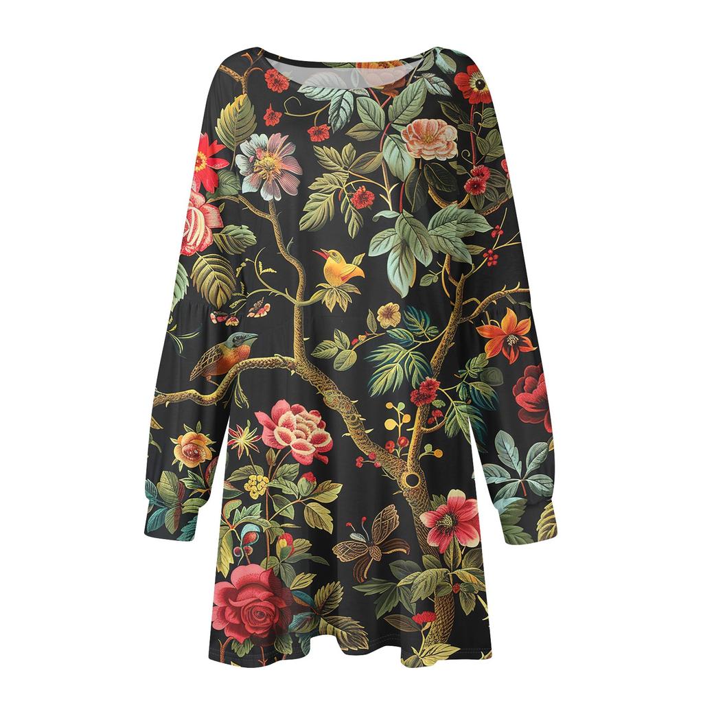 Fashion Womens Long Sleeve A Line Dress Fall Casual Pullover Crewneck Loose Fit Dress With Pockets