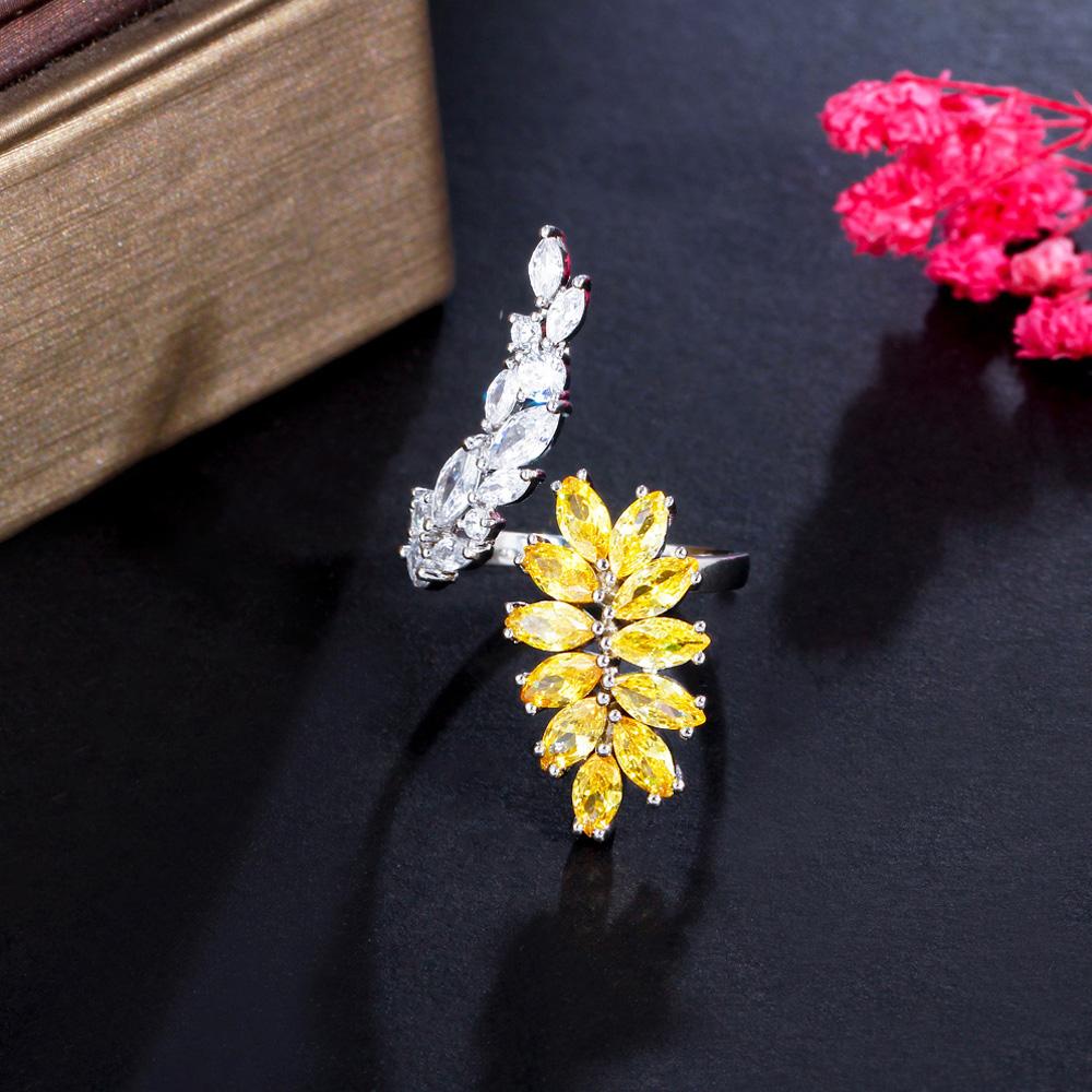 Ювелирные изделия CMM, блестящее желтое кольцо с фианитом в форме листа, обручальное, регулируемое, с открытой манжетой, кольцо на палец для женщин