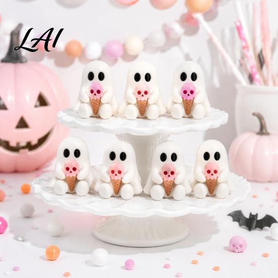 Sweet Cool Room Ornaments Halloween Mini Ghost Decorative Figurine 3D Printed White Statue with Pink Skull Ice Cream Cute Desktop Ornament for Home