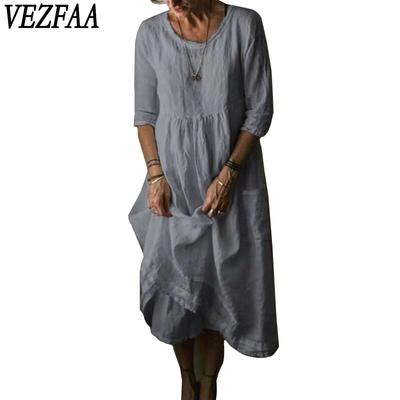 Женская мода лето весна однотонный принт рукава 1/2 О-образный вырез свободная талия повседневные платья