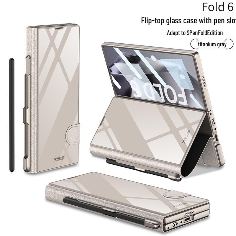 Кожаный чехол-книжка Samsung Z Fold 6 со слотом для стилуса и стеклянной крышкой – Стильный и деловой.