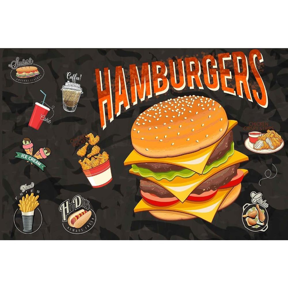 Vintage Fast Food Burger Wall Mural Retro Hamburger Wallpaper for Restaurant Cafe Decor