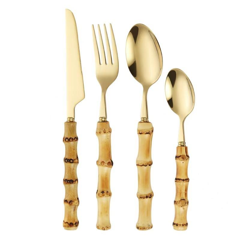 4 Pieces Bamboo Handle Set Natural Bamboo Flatware Stainless Steel Cutlery Utensils, Include Knife Fork Spoon Teaspoon
