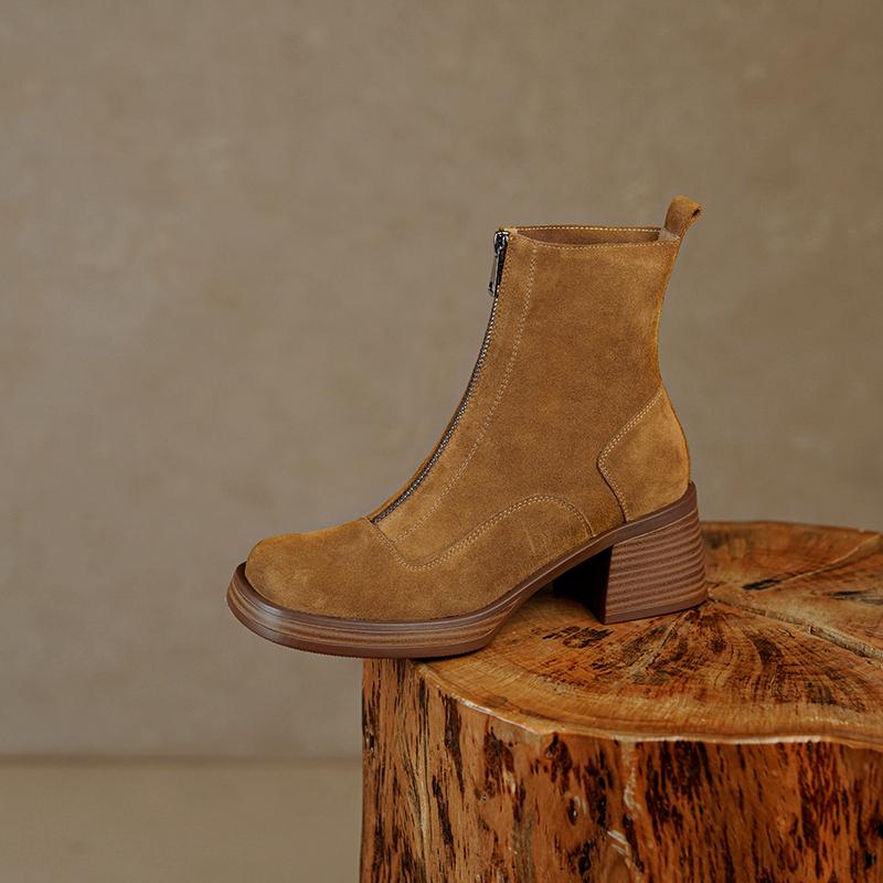 Осенне-зимние женские ботильоны на молнии, офисные женские лаконичные туфли на толстом каблуке с острым носком, женские короткие сапоги из коровьей замши