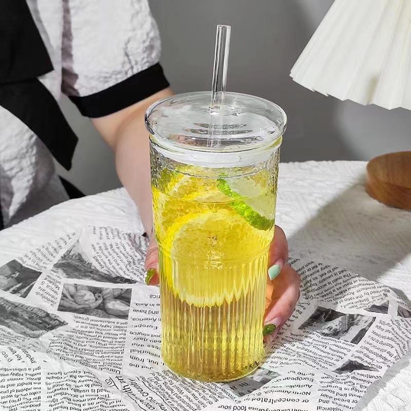600Ml Large Capacity Stripe Glass Cup With Lid And Straw Transparent Drinking Glasses Water Cup Outdoor Drinkware Mug