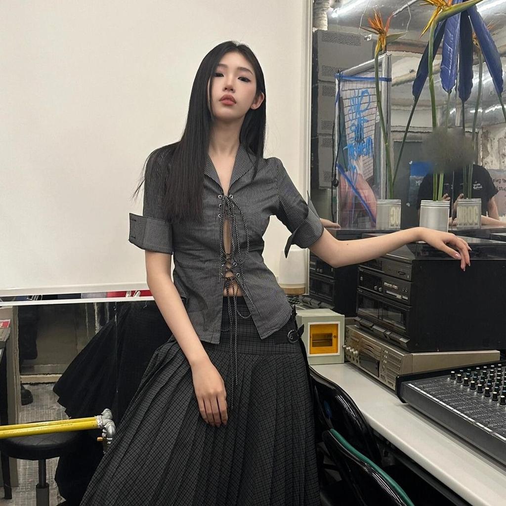 Винтажные сексуальные кокетливые блузки женские корейский стиль панк уличная одежда полосатый принт бандажные ажурные тонкие рубашки Y2k