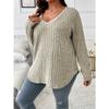 Solid Color V-neck Pullover Sweater Large Size Women's T-shirt Long Sleeved Loose Top Commuting Casual Knitwear Simple Bottoming Shirt Autumn Winter