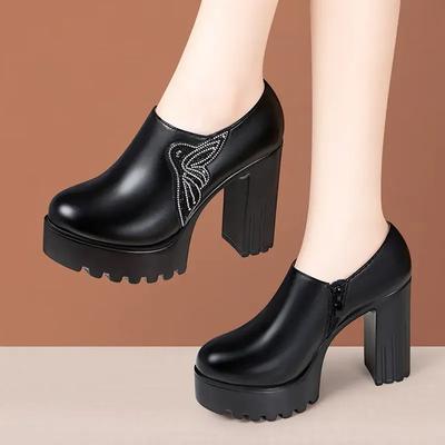 Элегантные дышащие туфли-лодочки на платформе с глубоким вырезом и стразами, осень 2025, туфли на блочном высоком каблуке с мехом для офиса, для модели, для мамы