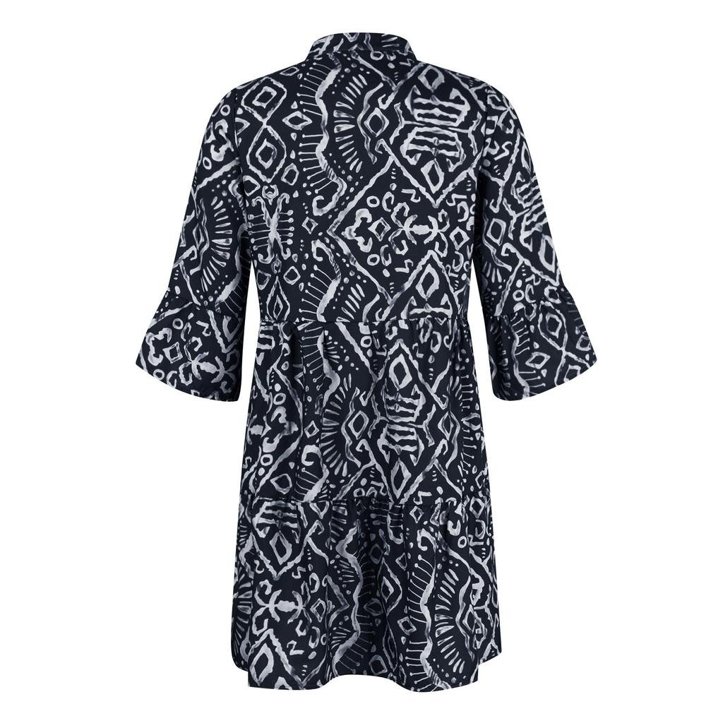Women's Fashion Button V-neck Speaker 3/4 Sleeve Printed Patchwork Cake Dress