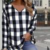 Lattice Print Women Tshirts Ladies Tops Long Sleeve V-neck Pullover Femme T-shirts T Shirt For Women