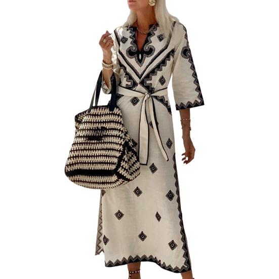 Платье на шнуровке с узкой талией и геометрическим принтом, с V-образным вырезом, рукавом три четверти, в тон, с разрезом подол, в богемном стиле, платье миди для отпуска